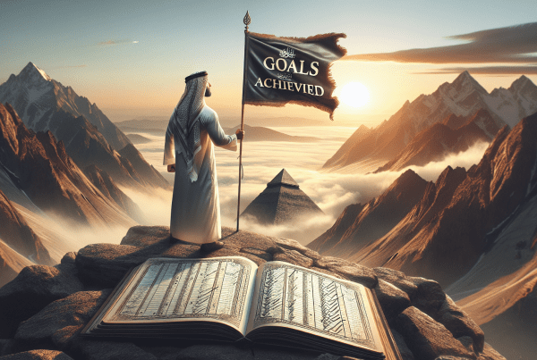 A widescreen image showing a person standing on a mountain peak, looking towards the horizon with a focused gaze, holding a flag that reads 'Goals Achieved'. The sun is rising, symbolizing new beginnings and success. The mood is inspirational and the atmosphere is filled with a sense of achievement and determination. Include visual elements that denote goal setting, such as a journal with visible lists or checkpoints, symbolizing practical goal setting tips.