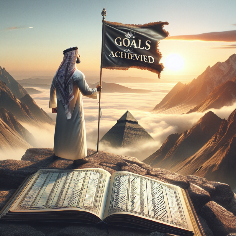 A widescreen image showing a person standing on a mountain peak, looking towards the horizon with a focused gaze, holding a flag that reads 'Goals Achieved'. The sun is rising, symbolizing new beginnings and success. The mood is inspirational and the atmosphere is filled with a sense of achievement and determination. Include visual elements that denote goal setting, such as a journal with visible lists or checkpoints, symbolizing practical goal setting tips.