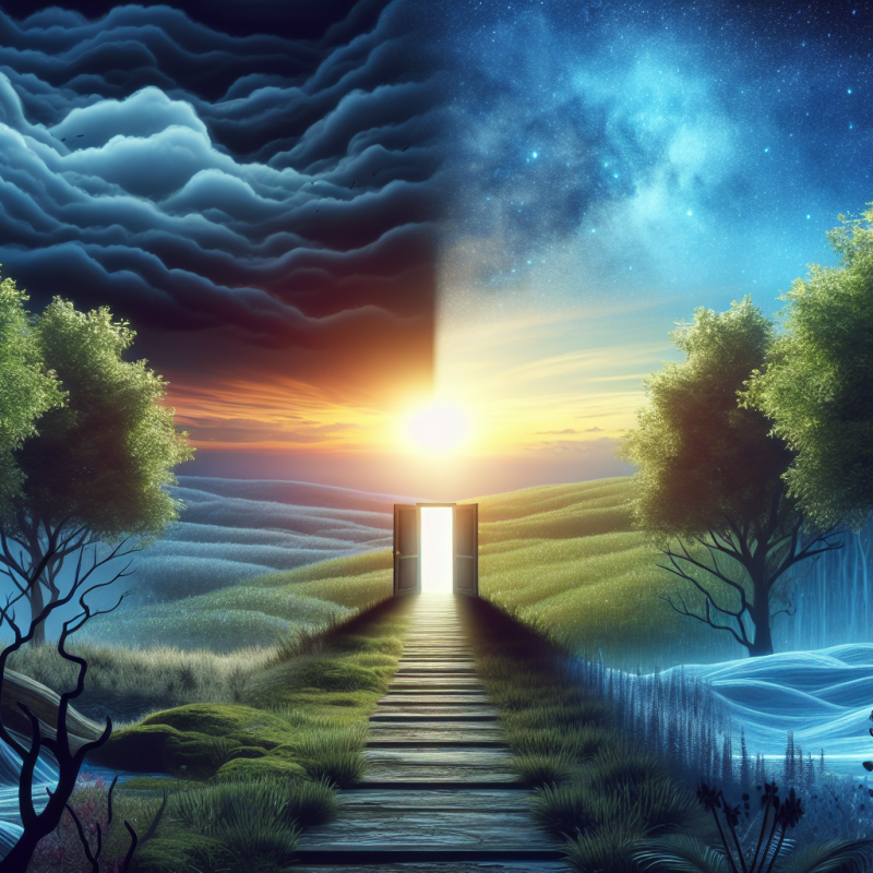 a widescreen image of a serene landscape transitioning from a dark, thundery sky to a clear sunrise, metaphorically representing the journey from trauma to recovery. Include subtle elements such as an open door or path leading towards the sunrise, symbolizing the act of seeking help and embracing change for healing. The image should evoke a sense of hope, transformation, and the importance of not trivializing one's experiences in the context of trauma recovery.