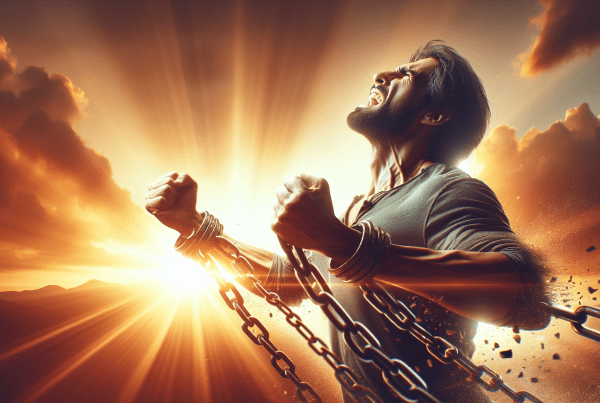 captivating widescreen image showcasing a person breaking free from chains, symbolizing liberation and empowerment to move forward when feeling stuck in life.