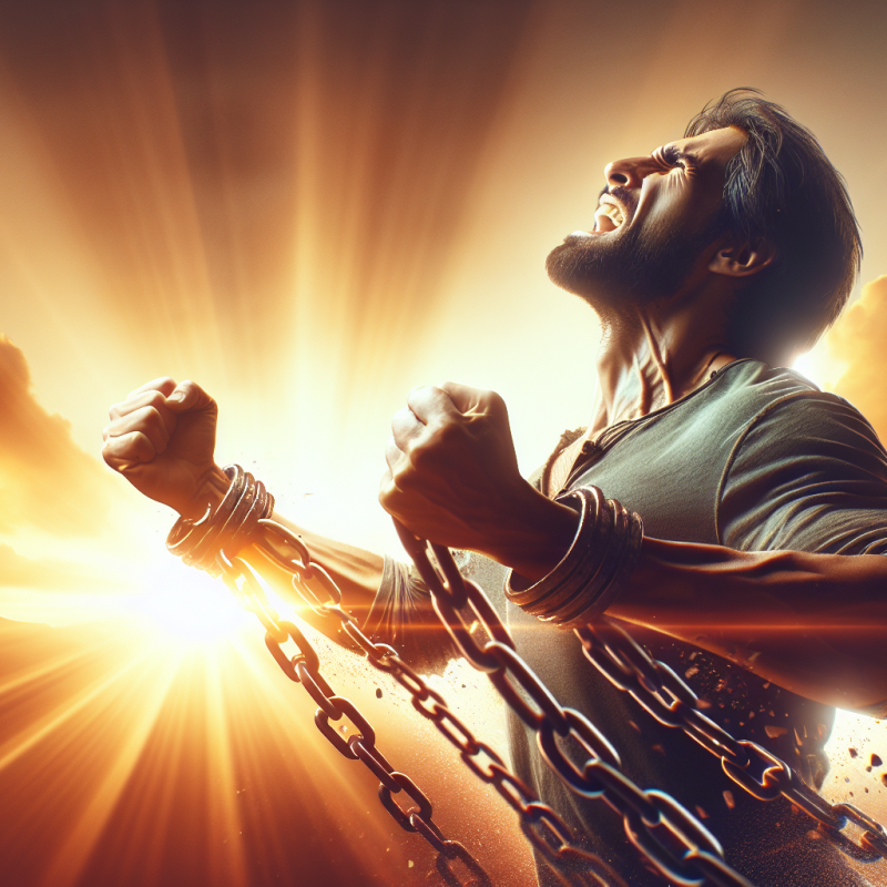 captivating widescreen image showcasing a person breaking free from chains, symbolizing liberation and empowerment to move forward when feeling stuck in life.