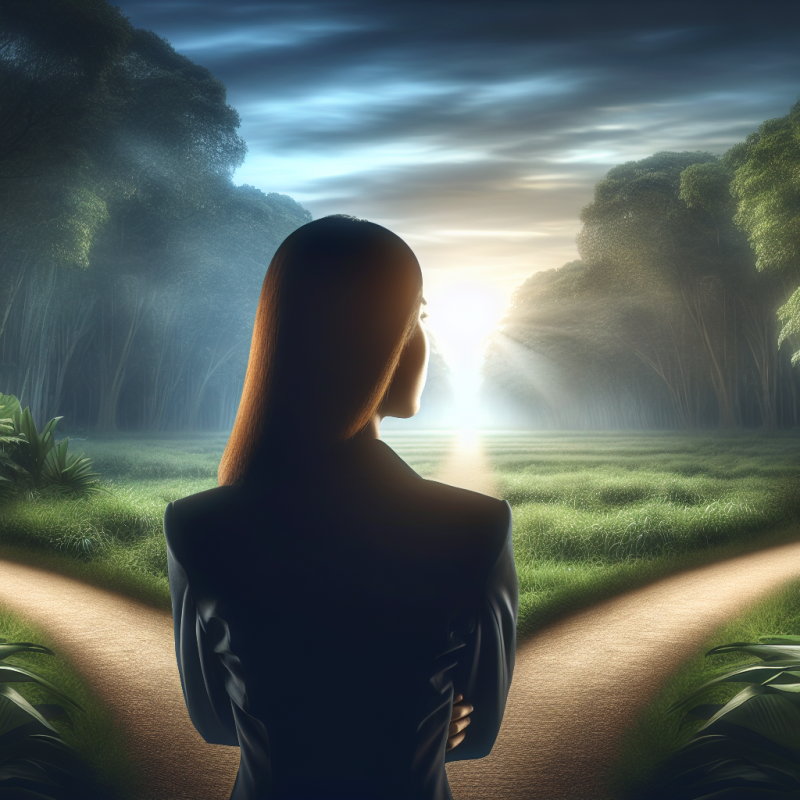 A wide-angle shot of a person standing at a crossroads of two paths in a serene, nature-filled landscape. The individual looks towards a bright horizon with a sense of determination, symbolizing choice, transition, and personal growth in their career.