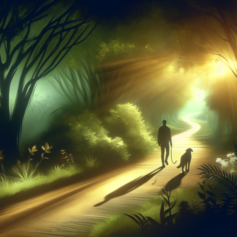 A calm and serene setting reflecting a pathway through a lush forest, symbolizing the journey of healing after pet death. The focal point is a subtle silhouette of a person walking with a dog, cast in golden sunlight filtering through the trees, capturing a moment of serene companionship and the bittersweet essence of memories with a beloved pet now passed. Include details like a gently winding path, rich greenery, and a sense of peaceful solitude that invites reflection.