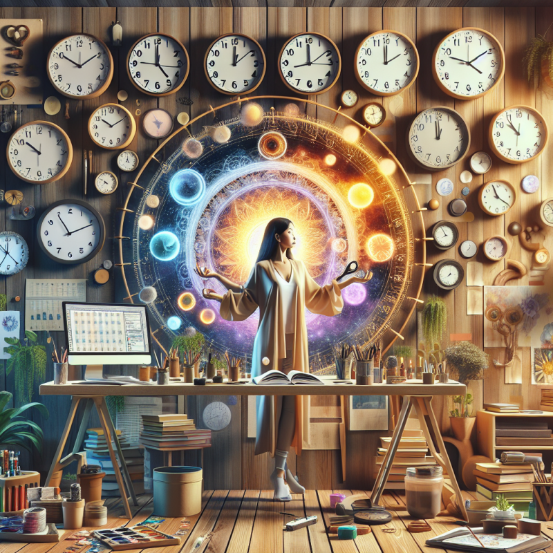 A serene and focused workspace with a person calmly managing multiple tasks, surrounded by clocks showing different times, embodying the concept of productive procrastination. Make sure the image suggests harmony, focus, and the strategic use of time, with elements that reflect creativity (like art supplies, open books, or a digital tablet for sketching) and productivity (like a well-organized desk, plants for a touch of nature, and task lists). The mood should be uplifting and inspiring, capturing the essence of turning procrastination into productive time.