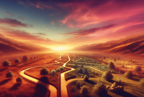 A wide scenic view of a pathway splitting into many smaller paths, symbolizing choices and guidance, with a soft morning light enveloping the scene to represent optimism and potential. The atmosphere conveys a sense of calm and focused determination. Include symbolic representations of growth, like small plants or trees lining the paths, to emphasize the concept of microcoaching aiding in personal and professional development.