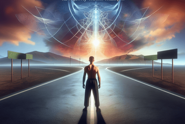 A serene and empowering image depicting an individual standing at a crossroads under a vast, open sky, symbolizing the journey of overcoming the fear of regret through somatic approaches. The scene conveys a sense of calm and clarity, with visual elements that represent decision-making paths and the feeling of empowerment and freedom from fear.