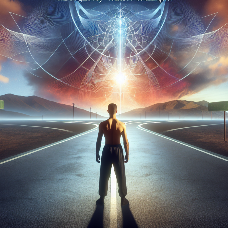 A serene and empowering image depicting an individual standing at a crossroads under a vast, open sky, symbolizing the journey of overcoming the fear of regret through somatic approaches. The scene conveys a sense of calm and clarity, with visual elements that represent decision-making paths and the feeling of empowerment and freedom from fear.