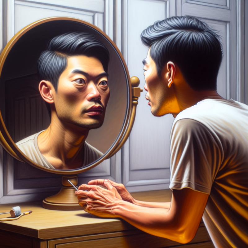 A person looking in a mirror with a distorted reflection, representing self-flattery. The mirror shows an exaggerated, overly flattering version of the person, while their real self looks concerned and uneasy. The background is a serene room, highlighting the contrast between the inner turmoil and the outer calm. Mood: introspective and enlightening.