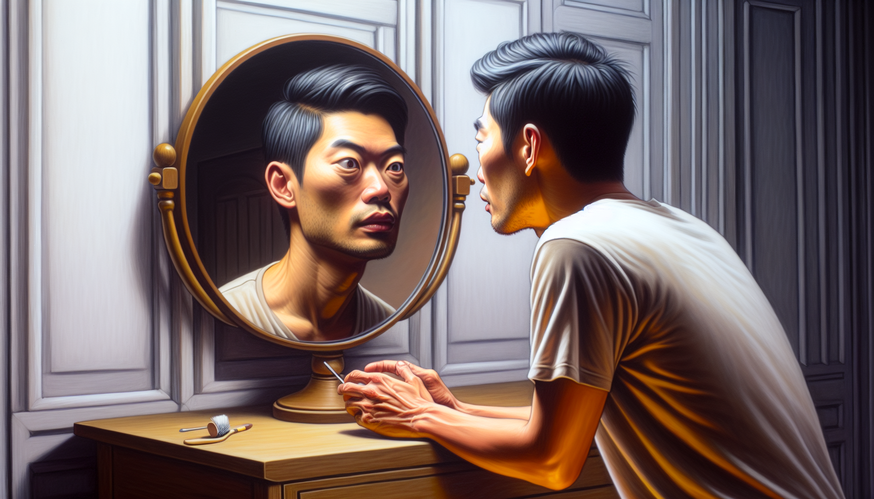 A person looking in a mirror with a distorted reflection, representing self-flattery. The mirror shows an exaggerated, overly flattering version of the person, while their real self looks concerned and uneasy. The background is a serene room, highlighting the contrast between the inner turmoil and the outer calm. Mood: introspective and enlightening.