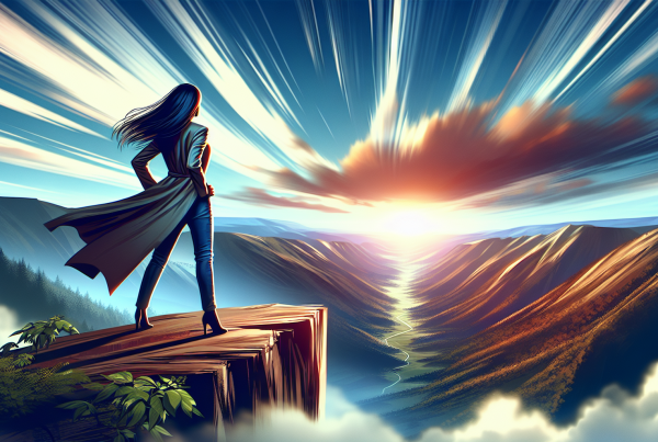 A vibrant, high-energy scene of a person confidently standing at the edge of a cliff, overlooking a beautiful, vast landscape. The sky is clear with a radiant sunrise, symbolizing new beginnings and endless possibilities. The person is dressed in casual, stylish attire, exuding a sense of achievement and self-assurance.