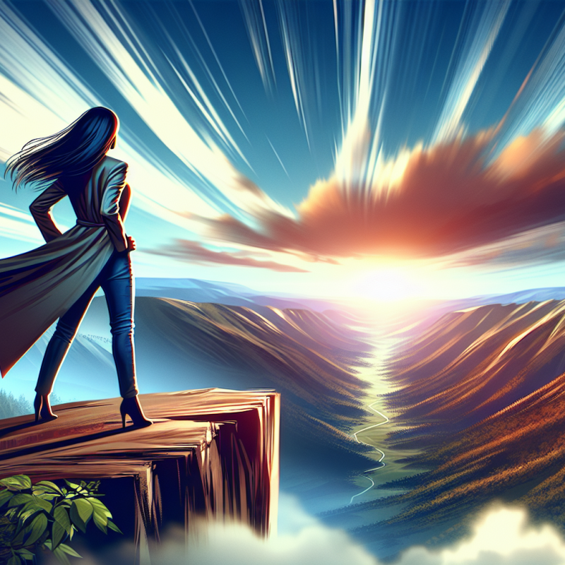 A vibrant, high-energy scene of a person confidently standing at the edge of a cliff, overlooking a beautiful, vast landscape. The sky is clear with a radiant sunrise, symbolizing new beginnings and endless possibilities. The person is dressed in casual, stylish attire, exuding a sense of achievement and self-assurance.