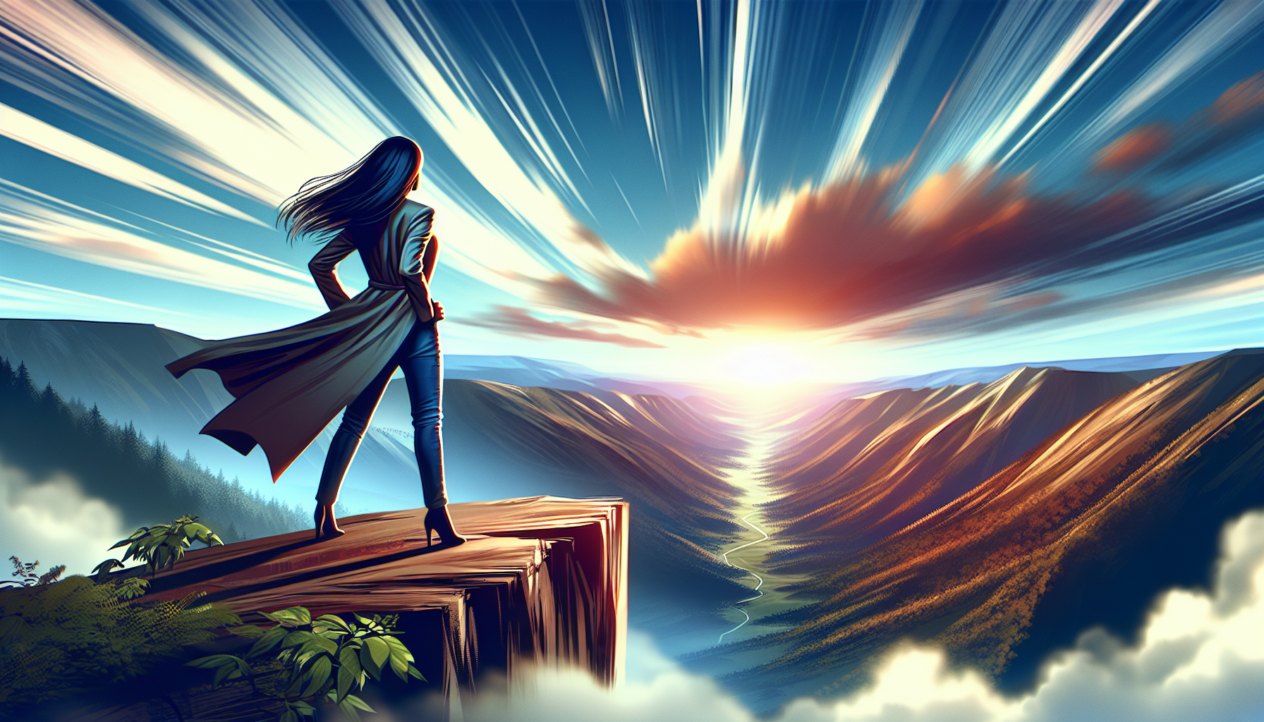 A vibrant, high-energy scene of a person confidently standing at the edge of a cliff, overlooking a beautiful, vast landscape. The sky is clear with a radiant sunrise, symbolizing new beginnings and endless possibilities. The person is dressed in casual, stylish attire, exuding a sense of achievement and self-assurance.