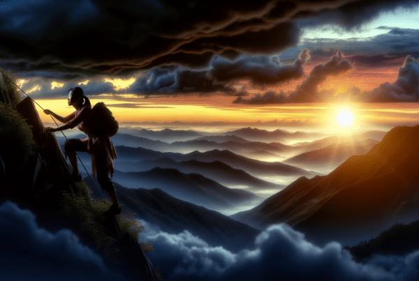 A serene landscape scene at dawn, symbolizing a new beginning. In the foreground, a person is climbing up a mountain with determination. The background features both dark clouds representing past struggles and a rising sun representing hope and resilience. The atmosphere should be aspirational and empowering, with vibrant and uplifting colors.