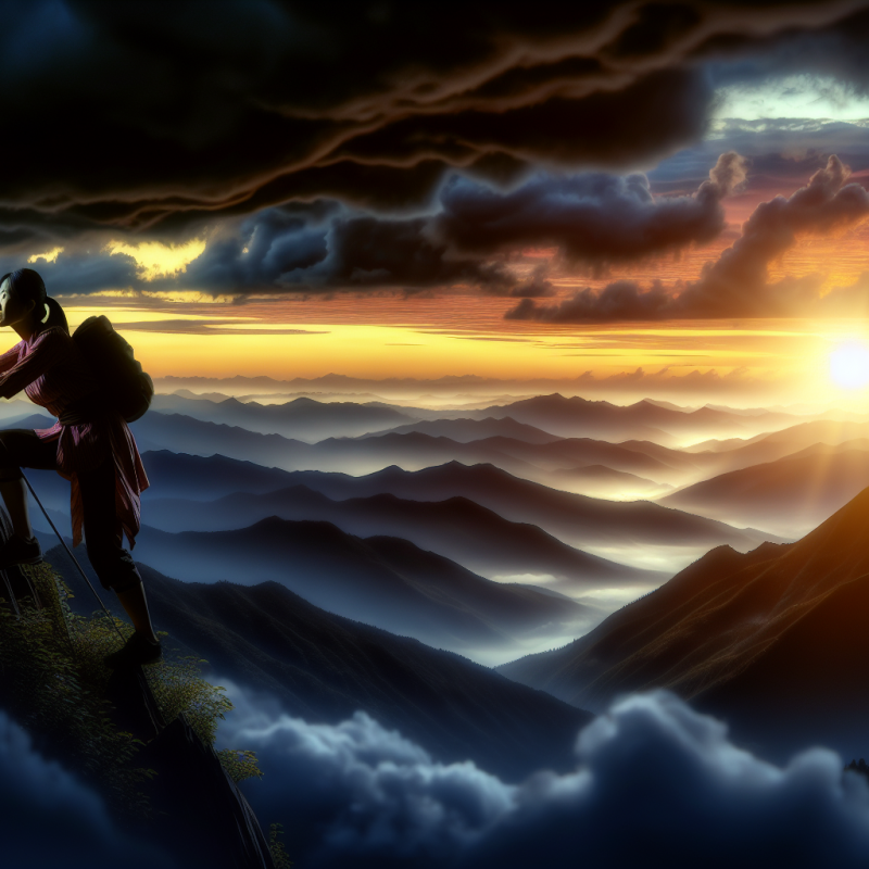 A serene landscape scene at dawn, symbolizing a new beginning. In the foreground, a person is climbing up a mountain with determination. The background features both dark clouds representing past struggles and a rising sun representing hope and resilience. The atmosphere should be aspirational and empowering, with vibrant and uplifting colors.