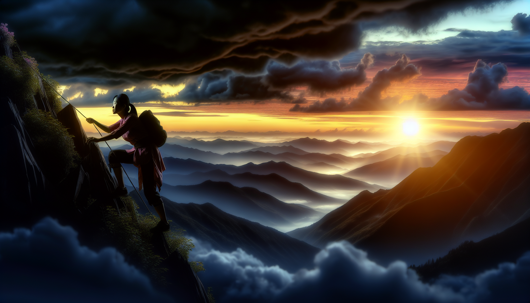 A serene landscape scene at dawn, symbolizing a new beginning. In the foreground, a person is climbing up a mountain with determination. The background features both dark clouds representing past struggles and a rising sun representing hope and resilience. The atmosphere should be aspirational and empowering, with vibrant and uplifting colors.