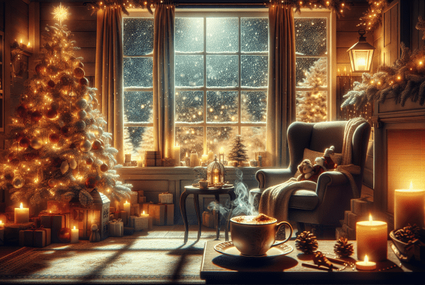 Widescreen image of a serene Christmas scene featuring a cozy living room with a softly lit Christmas tree, a plush armchair, and a steaming cup of cocoa on a side table. The room exudes warmth and tranquility, with snow gently falling outside the window, illustrating the theme of finding peace and joy during the holiday season.