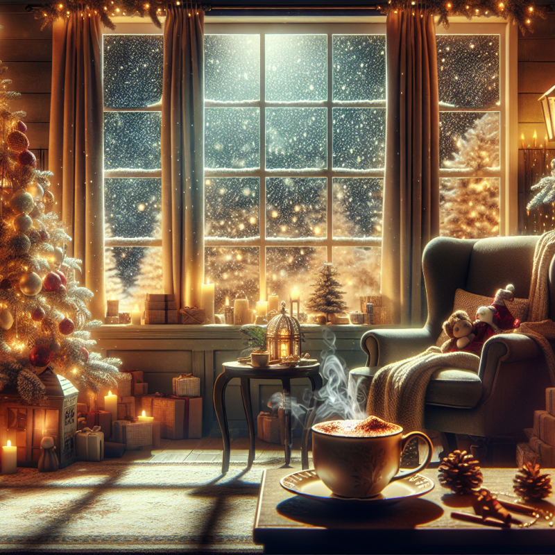 Widescreen image of a serene Christmas scene featuring a cozy living room with a softly lit Christmas tree, a plush armchair, and a steaming cup of cocoa on a side table. The room exudes warmth and tranquility, with snow gently falling outside the window, illustrating the theme of finding peace and joy during the holiday season.