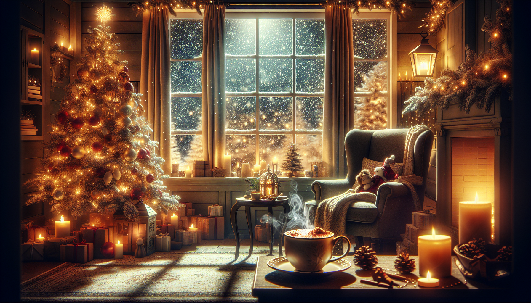 Widescreen image of a serene Christmas scene featuring a cozy living room with a softly lit Christmas tree, a plush armchair, and a steaming cup of cocoa on a side table. The room exudes warmth and tranquility, with snow gently falling outside the window, illustrating the theme of finding peace and joy during the holiday season.