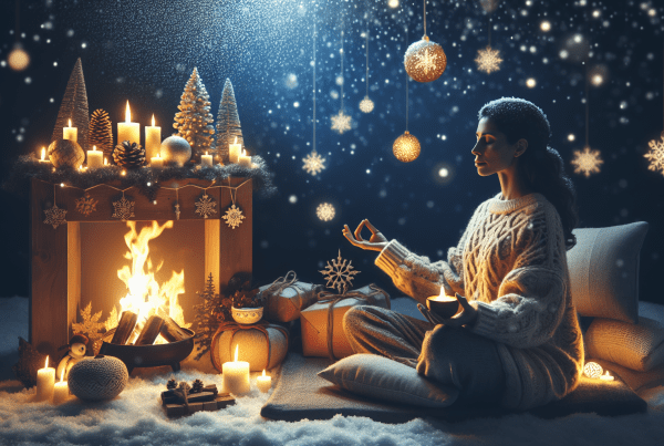 A serene winter landscape with a figure peacefully meditating by a warm fire, surrounded by holiday decorations. The scene captures tranquillity and self-care, embodying the essence of 'holiday survival tips' for mental health and boundary setting. The mood is calm and contemplative, with soft lighting and gentle snowfall, emphasizing self-reflection and serenity.