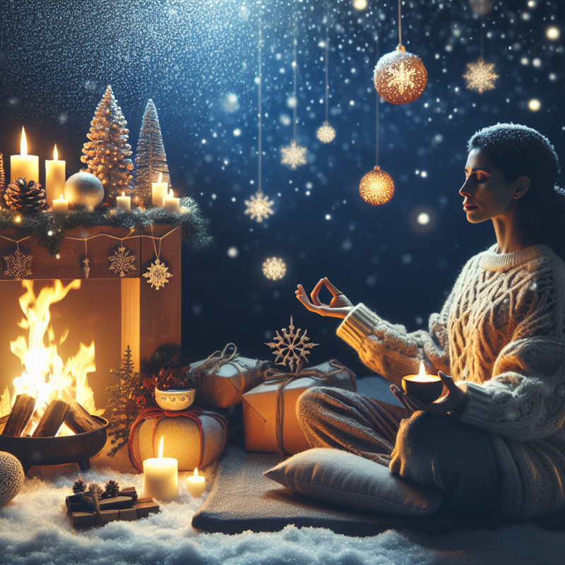 A serene winter landscape with a figure peacefully meditating by a warm fire, surrounded by holiday decorations. The scene captures tranquillity and self-care, embodying the essence of 'holiday survival tips' for mental health and boundary setting. The mood is calm and contemplative, with soft lighting and gentle snowfall, emphasizing self-reflection and serenity.