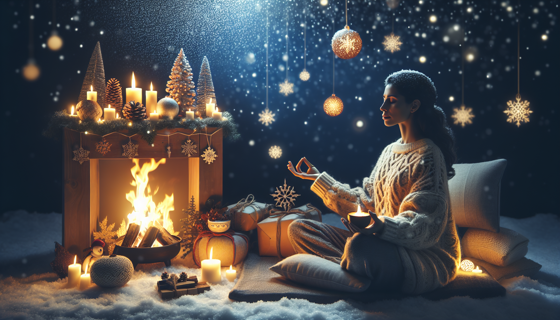 A serene winter landscape with a figure peacefully meditating by a warm fire, surrounded by holiday decorations. The scene captures tranquillity and self-care, embodying the essence of 'holiday survival tips' for mental health and boundary setting. The mood is calm and contemplative, with soft lighting and gentle snowfall, emphasizing self-reflection and serenity.