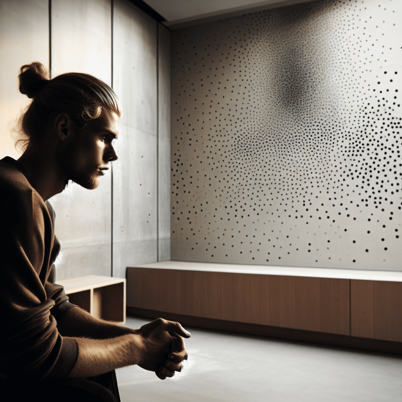 A contemplative person sitting in a modern, minimalist room, looking at a wall with scattered dots that partially form meaningful patterns. The lighting should be soft and natural, creating a thoughtful atmosphere. The person should have a nordic appearance, and the setting should feel warm and professional.