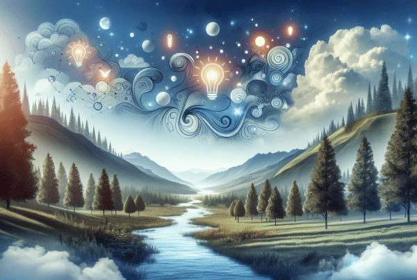 a serene landscape reflecting mental clarity, with symbols representing thoughts floating above, highlighting the process of identifying and challenging automatic thoughts