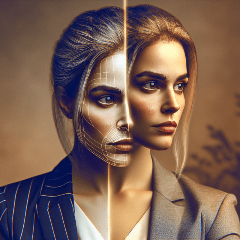 A split-screen portrait of a contemplative Nordic woman in her 30s looking at her reflection, with one side showing her in professional business attire and the other in casual creative clothing, subtle worry lines on her forehead, warm natural lighting, photorealistic style, emphasizing internal conflict and self-reflection