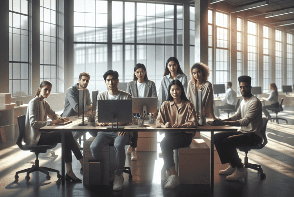 a widescreen photo of a diverse team working together harmoniously in a modern office, with light shining through large windows, symbolizing transparency and trust