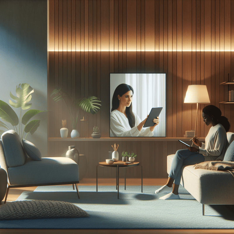 A serene, modern therapy office setting with warm natural light, showing a split scene: on one side, a person having a video call with a therapist on a tablet while sitting comfortably on a couch; on the other side, the same person engaging with an AI coaching app on their phone. Include calming blue and green tones, modern minimalist furniture, and natural elements like plants.