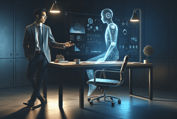 Create a sophisticated, modern office setting with a startup founder (wearing business casual attire) sitting at a sleek desk, interacting with a holographic AI coach projection. Include subtle blue lighting effects and data visualization elements floating in the air. The scene should convey innovation, technology, and professional growth.