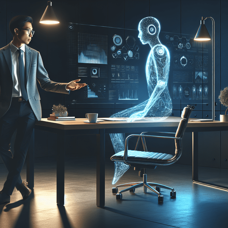 Create a sophisticated, modern office setting with a startup founder (wearing business casual attire) sitting at a sleek desk, interacting with a holographic AI coach projection. Include subtle blue lighting effects and data visualization elements floating in the air. The scene should convey innovation, technology, and professional growth.