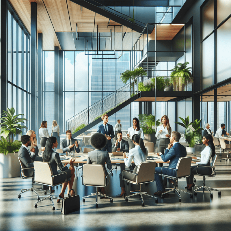 Professional modern office setting with diverse group of engaged employees in a collaborative meeting. Natural lighting, people actively participating, positive body language, modern office decor with plants and collaborative spaces. Photorealistic, corporate environment.