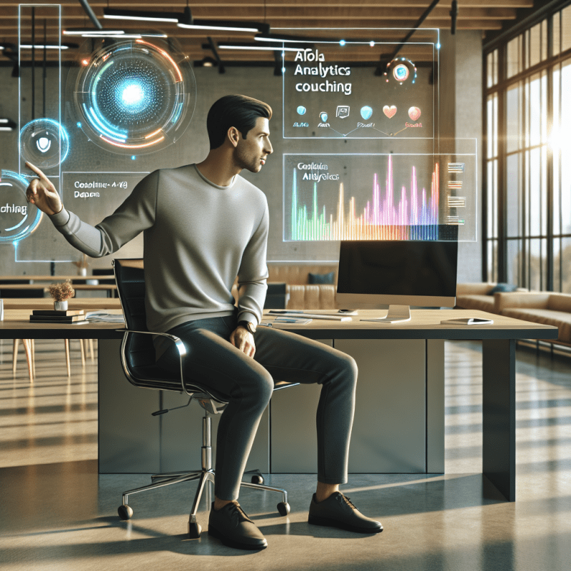 A photorealistic image of a confident Nordic startup founder in casual business attire (30s) sitting at a modern desk, engaging with a holographic AI interface displaying analytics and coaching prompts. The scene should be well-lit with natural light from large windows, showing a contemporary office space with startup vibes.