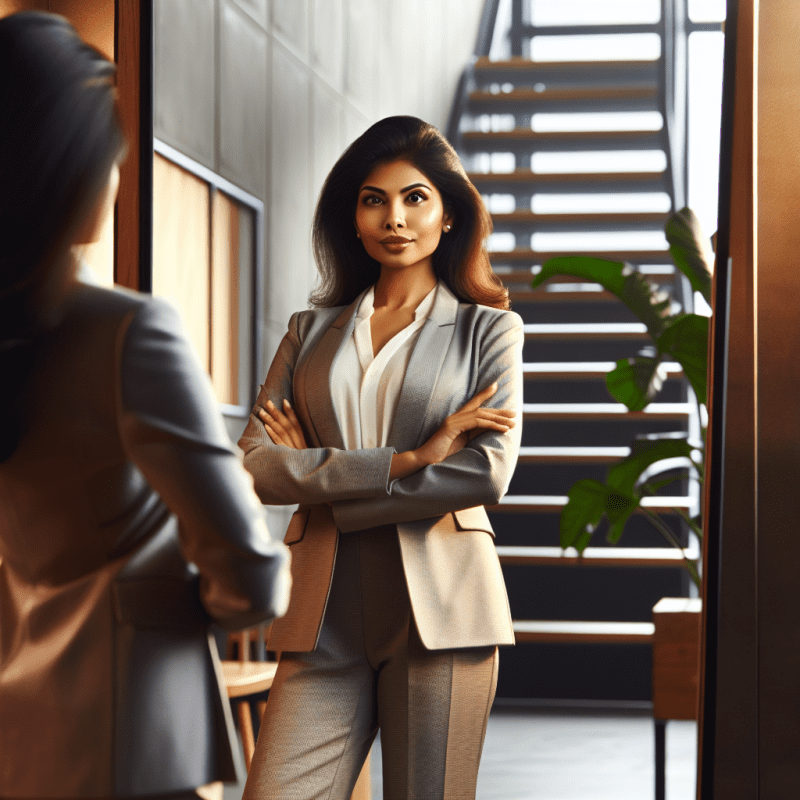 A confident young professional in business casual attire standing tall in front of a mirror, their reflection showing a strong, assured posture. Natural lighting, warm tones, modern office setting with minimalist decor. The person's expression should be genuine and empowering, not arrogant. Include subtle elements that suggest personal growth, like a plant or ascending stairs in the background.