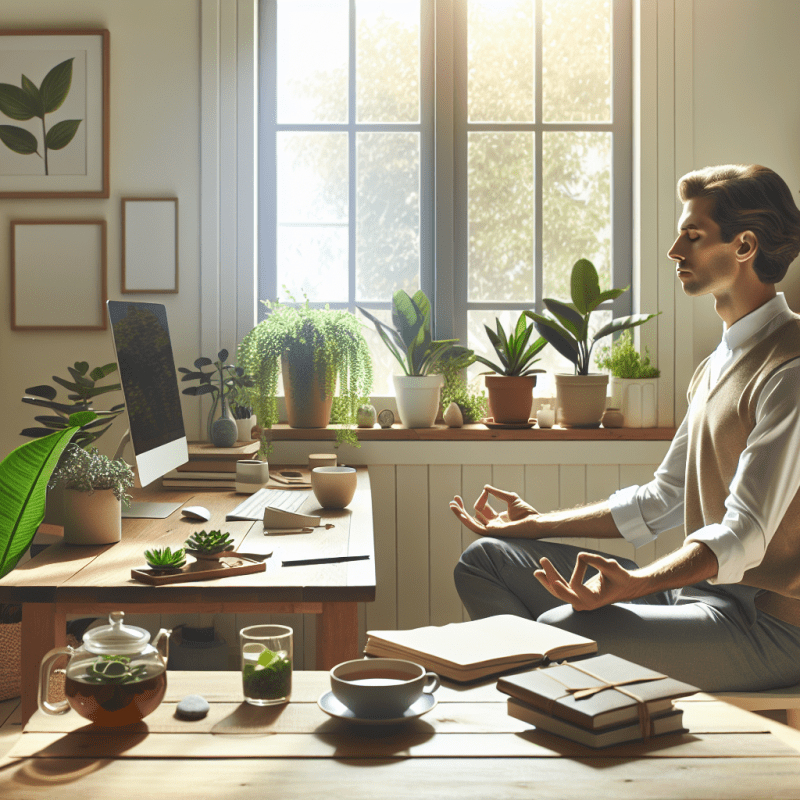 A serene, minimalist home office setting with natural light, showing a professional in casual clothing practicing desk meditation. Include elements like a wellness journal, herbal tea, and plants, suggesting work-life balance and self-care. Use soft, calming colors.