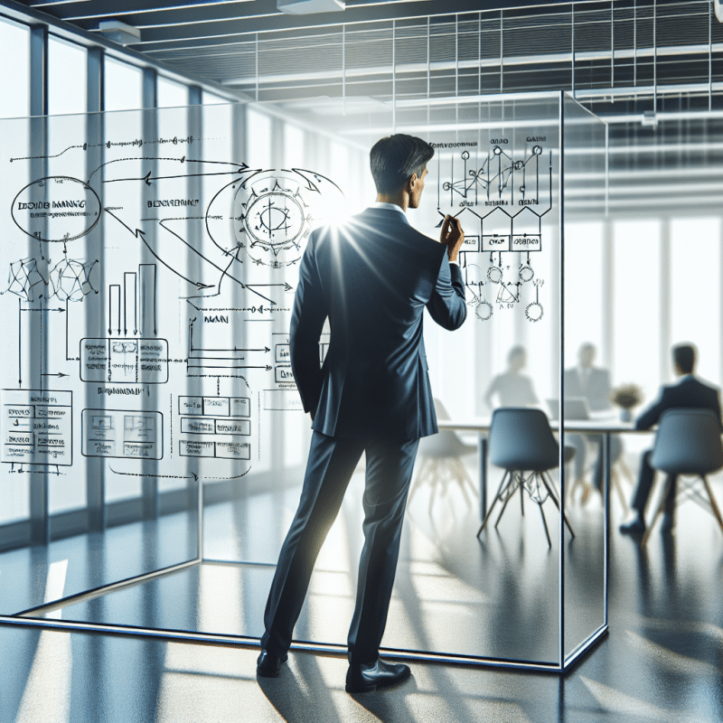 Professional scene in a modern office setting, showing a confident business leader at a glass whiteboard with organized decision-making frameworks and matrices sketched out. Clean, minimal aesthetic with natural lighting.