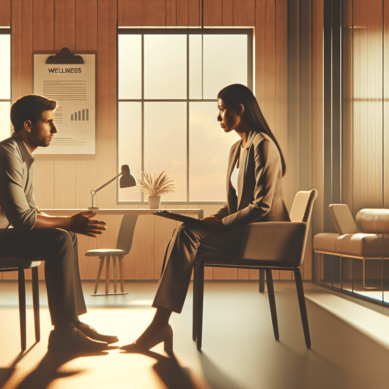 Professional office setting with a concerned HR manager having a supportive conversation with a visibly stressed employee. Modern, well-lit office space with warm, natural tones. The image should convey empathy and support while maintaining professionalism. Include subtle visual cues of workplace stress management like a wellness poster or relaxation area in the background.