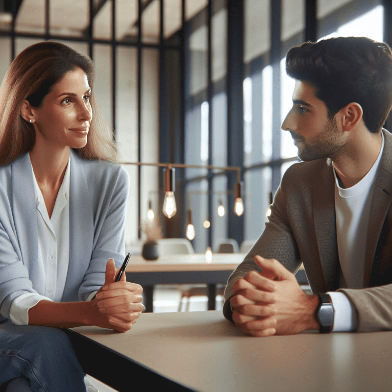 Professional setting showing a diverse manager and employee having a respectful conversation in a modern office meeting room. The scene should convey empathy and professionalism, with subtle body language showing active listening. Natural lighting, modern office decor, business casual attire.
