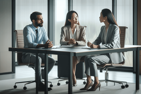 Professional office setting with two team members in business casual attire sitting at a modern conference table with a mediator/manager between them, using open body language and engaged in constructive dialogue. Natural lighting, muted colors, clean and minimal background.