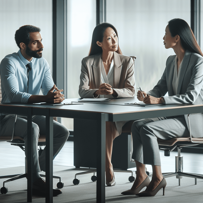 Professional office setting with two team members in business casual attire sitting at a modern conference table with a mediator/manager between them, using open body language and engaged in constructive dialogue. Natural lighting, muted colors, clean and minimal background.