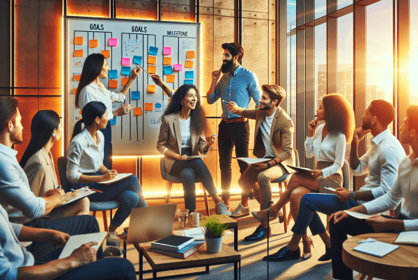 Professional modern office setting with a diverse group of people collaborating around a whiteboard with clearly written goals and milestone markers. The scene should show positive body language and engagement, with warm lighting and a motivational atmosphere. Include post-it notes and visual planning elements.