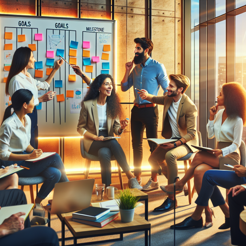 Professional modern office setting with a diverse group of people collaborating around a whiteboard with clearly written goals and milestone markers. The scene should show positive body language and engagement, with warm lighting and a motivational atmosphere. Include post-it notes and visual planning elements.