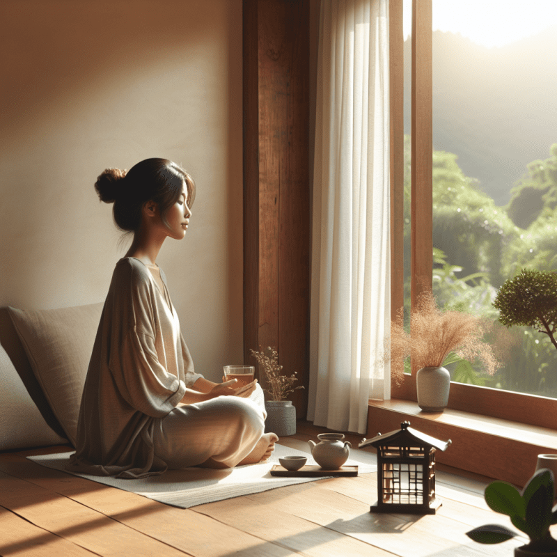 A serene, minimalist scene showing a person sitting peacefully by a large window, bathed in natural light, with a cup of tea nearby. The room features calming neutral colors and plants, suggesting restoration and peace. The person appears relaxed but energized, wearing casual comfortable clothing, looking out at a natural landscape.