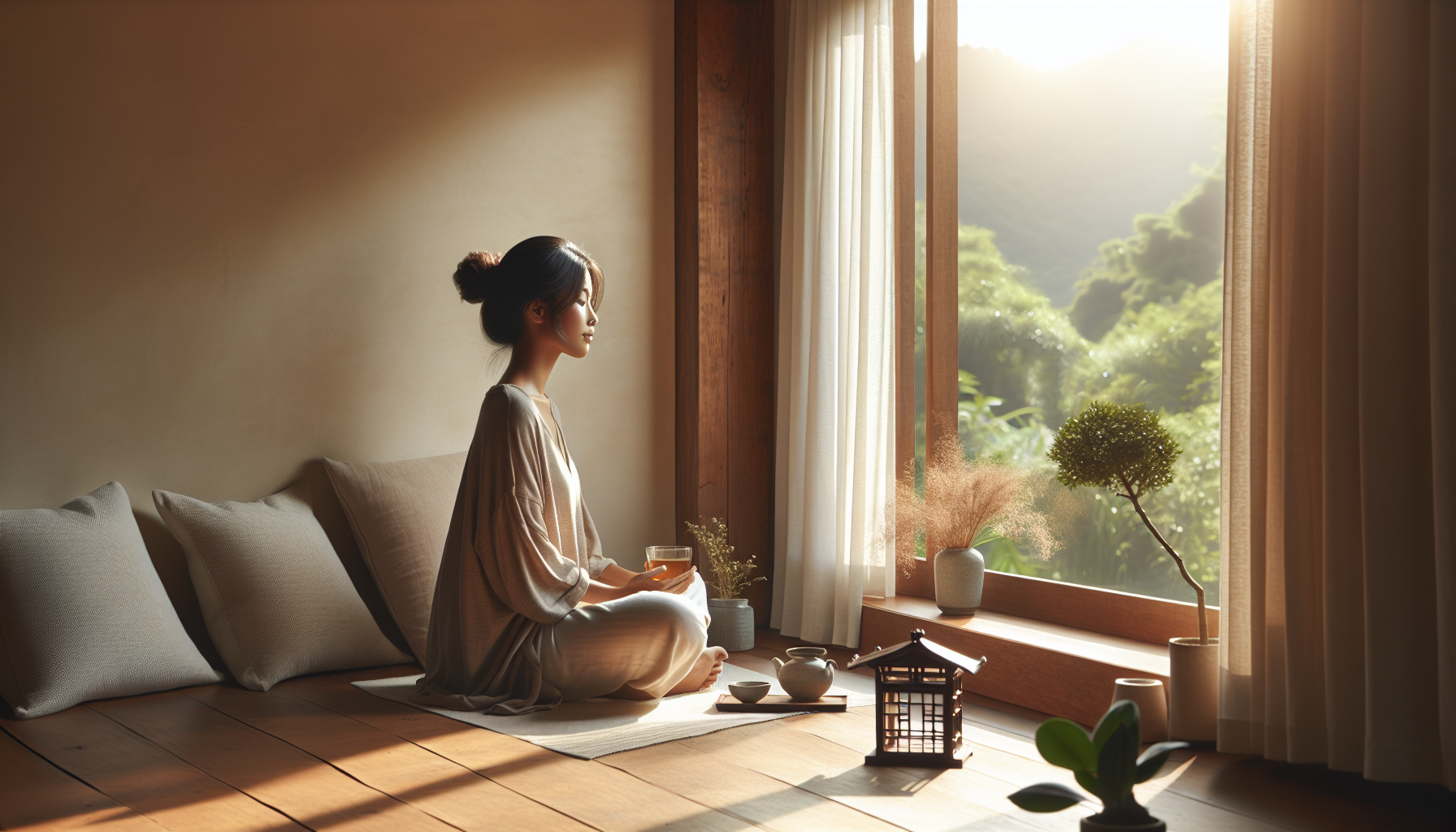 A serene, minimalist scene showing a person sitting peacefully by a large window, bathed in natural light, with a cup of tea nearby. The room features calming neutral colors and plants, suggesting restoration and peace. The person appears relaxed but energized, wearing casual comfortable clothing, looking out at a natural landscape.