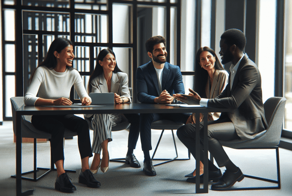 Professional office setting with diverse group of engaged employees in a modern, well-lit workspace. They are collaborating around a meeting table, showing positive body language and genuine smiles. The scene should convey workplace satisfaction and team harmony. Include natural lighting, modern office design elements, and casual business attire.