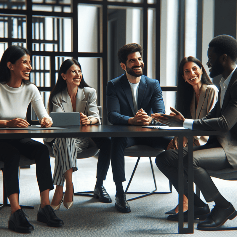 Professional office setting with diverse group of engaged employees in a modern, well-lit workspace. They are collaborating around a meeting table, showing positive body language and genuine smiles. The scene should convey workplace satisfaction and team harmony. Include natural lighting, modern office design elements, and casual business attire.