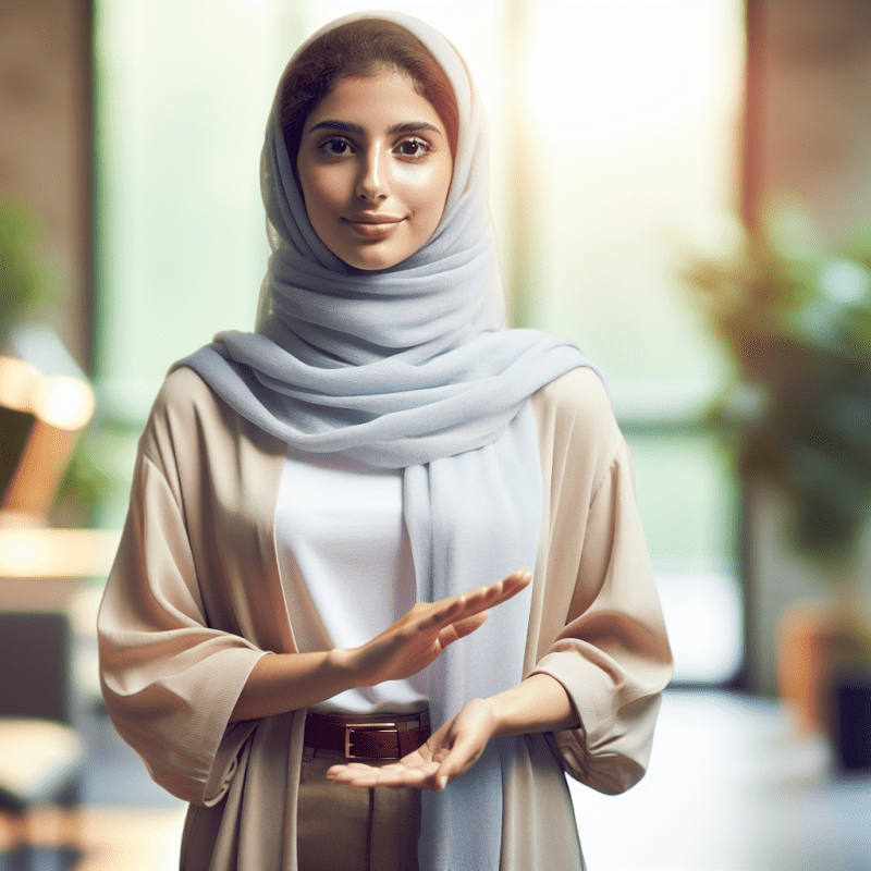 A warm, empowering scene of a confident woman in casual business attire standing in a serene office setting, using gentle hand gestures to indicate personal space. Natural lighting, soft colors, and a calm expression showing inner peace and self-assurance.