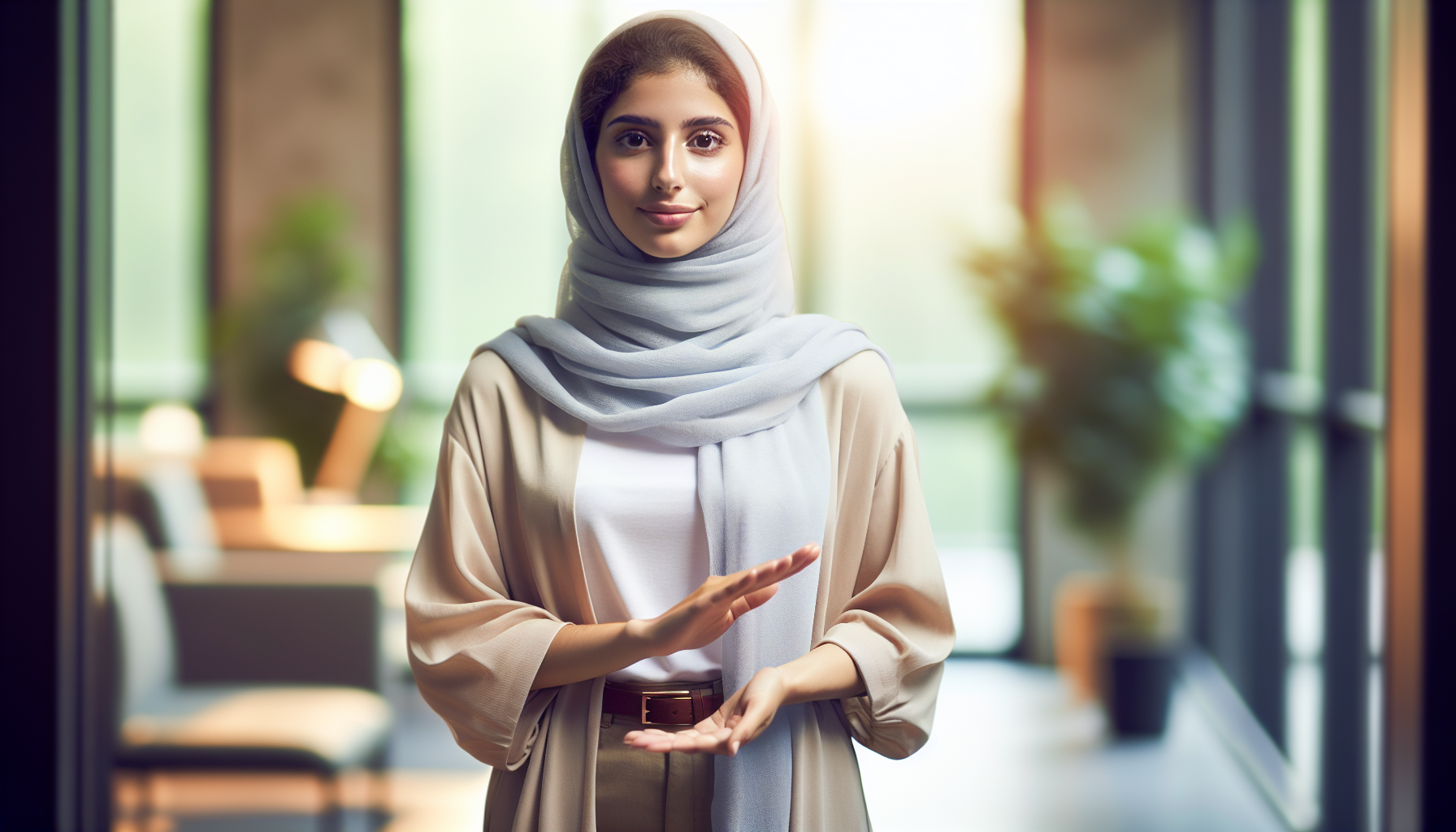 A warm, empowering scene of a confident woman in casual business attire standing in a serene office setting, using gentle hand gestures to indicate personal space. Natural lighting, soft colors, and a calm expression showing inner peace and self-assurance.