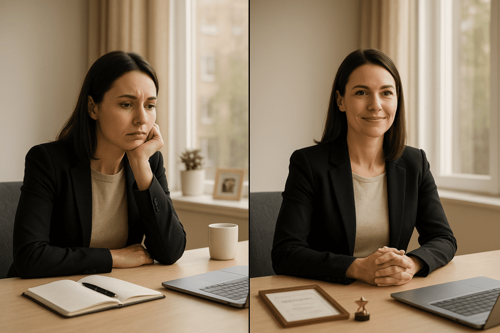 Professional woman sitting at a modern office desk, looking contemplative but determined. Natural lighting through large windows, warm tones. Split-screen composition showing her transformation from uncertain to confident. Minimalist, clean setting with personal touches like family photos and achievements on desk. Nordic/European appearance, business casual attire, age 30-40.